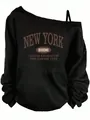 Close-up of the vintage New York Queens graphic print on an off-shoulder black sweatshirt - S / Tops / New York Print