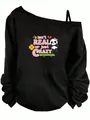 Detail view of black off-shoulder long sleeve top with isn't REAL ur just CRAZY panda graphic - S / Tops / Panda