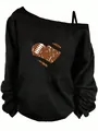 Close-up detail of black off-the-shoulder sweatshirt with distressed football heart print - S / Tops / Football Heart