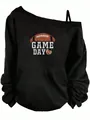 Detail view of black off-shoulder sweatshirt with Game Day football graphic print. - S / Tops / Rugby Ball