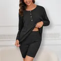 Set loungewear da donna in maglia a coste grigio antracite con dettaglio bottoni - Taglia S / Top E Pantaloni / Nero