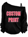 Detail view of a black long-sleeved sweatshirt with a stylish off-shoulder design. - M / Tops / Custom Design / Black