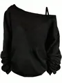 Detailed view of a minimalist black long-sleeved top featuring an off-the-shoulder cut. - S / Tops / Black