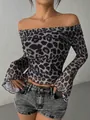 T-shirt sexy a maniche lunghe da donna con stampa leopardata e scollo a barca elegante - Taglia S / Top / Nero