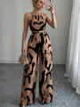 Elegant vintage printed halter neck jumpsuit featuring a cinched waist and wide-leg design - S / Top And Bottom / Tan
