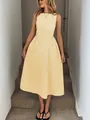 Abito midi giallo a righe verticali senza maniche con tasca in stile europeo casual - Taglia S / Vestiti / Giallo chiaro