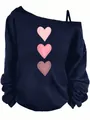 Detail of the off-shoulder neckline and heart prints on this navy long sleeve top - Navy-Pink Heart