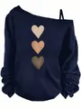 Close-up detail of a navy blue off-the-shoulder long sleeve top with three heart prints - S / Tops / Pink Heart / Navy Blue