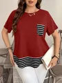 Casual rood T-shirt met korte mouwen en gestreepte zakken en zoomdetails voor dames - S / Tops / Bordeauxrood