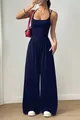 Elegant navy blue slimming jumpsuit featuring double spaghetti straps and wide leg cut - S / Top And Bottom / Navy Blue