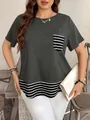 Losvallend T-shirt met ronde hals, korte mouwen, gestreepte zak en nep twee-delig - S / Tops / Grijs