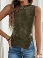 Elegant dark olive sleeveless shimmer tank top for women, featuring a sparkling sequined finish - S / Tops / Gold