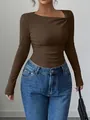Slim fit brown ribbed long sleeve top with unique asymmetrical neckline design - Dark Brown