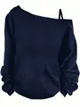 Elegant navy blue off-the-shoulder long-sleeve top featuring a thin shoulder strap detail - S / Tops / Navy Blue