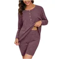 Completo loungewear da donna bordeaux in maglia a costine con top a bottoni - Taglia S / Top E Pantaloni / Viola