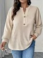 Close-up view of a beige waffle knit long sleeve henley shirt with textured grid patterns - 0XL / Tops / Khaki