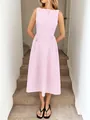 Elegant pink and white vertical striped sleeveless midi dress with boat neck and pockets - Light Pink