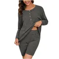 Set lounge due pezzi da donna in maglia a coste grigio antracite con bottoni decorati - Taglia S / Top E Pantaloni / Grigio scuro