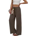 Detail of women's casual wide-leg trousers with drawstring elastic waist and pockets. - S / Bottoms / Coffee