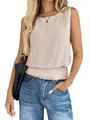 Close-up of beige sleeveless top with smocked waist detail and textured fabric. - Khaki