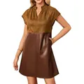Chic faux suede and PU leather patchwork V-neck cap sleeve mini dress with pockets. - S / Tops / Brown