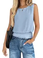 Detail of light blue sleeveless tank top with smocked waist and textured fabric - S / Tops / Blue