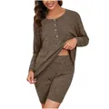Completo loungewear 2 pezzi in maglia a coste marrone con maglia a maniche lunghe - Marrone chiaro