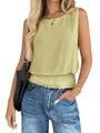 Detailed view of women's solid color sleeveless tank top featuring an elastic smocked hem - S / Tops / Yellow