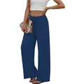 Women's dark blue wide-leg casual pants with elastic drawstring waist for beach fashion - Navy Blue