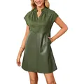 Olive green faux suede and PU leather patchwork mini dress with V-neck and pockets. - S / Tops / Army Green