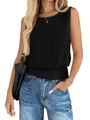 Close-up of a black sleeveless round neck top with a smocked pleated hem design. - S / Tops / Black