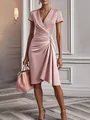 Elegant pink V-neck dress with pleated waist design and slim fit silhouette - S / Top And Bottom / Pink