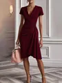 Elegantly pleated burgundy V-neck wrap dress with a bodycon silhouette and short sleeves - S / Top And Bottom / Burgundy