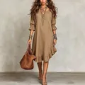 Vestido midi bohemio de tejido con cuello en V, dobladillo con volantes y accesorios - S / Bottoms / Caqui