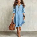 Vestido midi de tejido azul claro estilo bohemio con volante en el bajo y media manga - S / Bottoms / Azul cielo