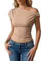 Close-up of khaki ribbed slim-fit top featuring an asymmetrical one-shoulder design - S / Tops / Khaki