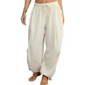 Detailed view of cream baggy jogger pants featuring an elastic drawstring waist and pockets - S / Bottoms / Apricot