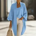 Hellblaues Leinen-Cardigan- und Weste-Set für Damen im lockeren, bequemen Casual-Stil. - S / Oberteile / Himmelblau