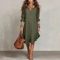 Elegant olive green woven midi dress featuring V-neck and ruffled hem for boho look - Army Green