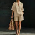 Elegant beige linen-texture two-piece short set for women in a chic street setting - S / Top And Bottom (CX9011) / Khaki