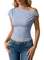 Detail view of light blue ribbed asymmetric off-shoulder top with gold buckle decor. - S / Tops / Blue