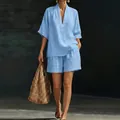Elegant light blue V-neck linen two-piece set with short sleeves and shorts for summer - S / Top And Bottom (CX9011) / Sky Blue