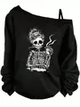 Off-shoulder black long sleeve sweatshirt with female skeleton coffee graphic print design - S / Tops / Skeleton Print 2 / Black