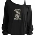 Black off-the-shoulder long-sleeve top with skeleton graphic and witty quote print. - S / Tops / Skeleton Print 1 / Black