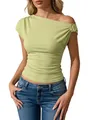 Close-up detail of a green ribbed asymmetric off-shoulder top featuring a gold metal ring - Light Green