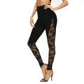 High-waisted sexy black leggings featuring intricate floral lace patchwork panels - S / Bottoms / Black
