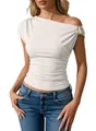 Detailed view of women's ribbed slim fit off-shoulder top featuring a gold buckle detail - S / Tops / White