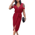 Detailed view of red V-neck dress with cut-out rhinestone sleeves and gathered front. - S / Top And Bottom / Red