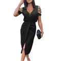 Detail view of black V-neck dress with zipper and rhinestone shoulder cutouts - S / Top And Bottom / Black