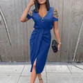 Detail view of royal blue V-neck dress with zipper and cold-shoulder rhinestone straps - S / Top And Bottom / Blue